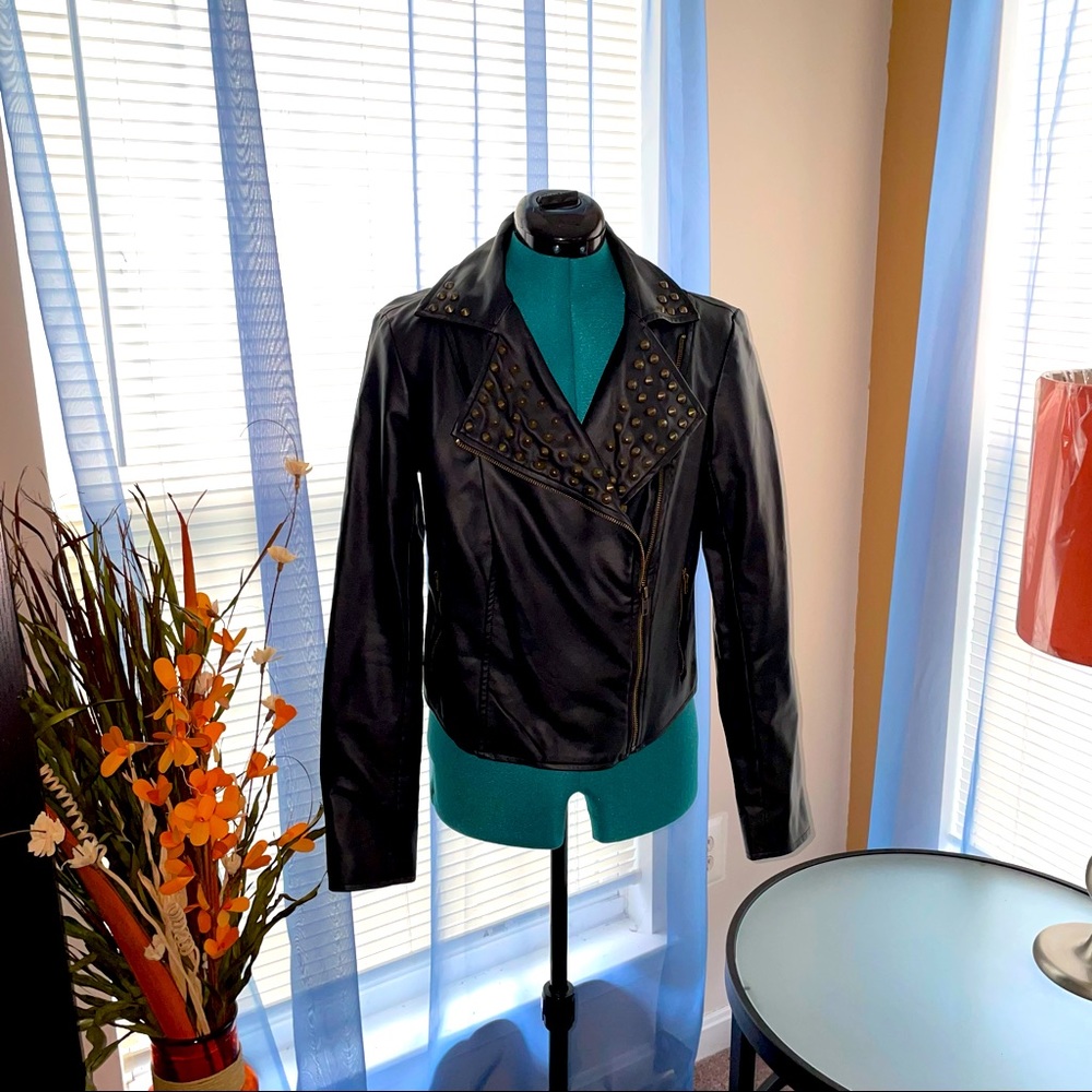 Rock & Republic | Womens Black Studded Moto Faux Leatherette Jacket